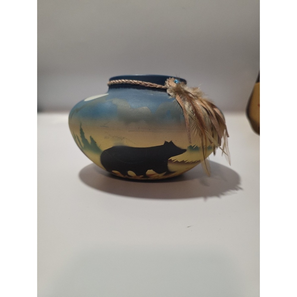 Vintage Unsigned Native American Art pottery With Bear, Moon Leather, Stones